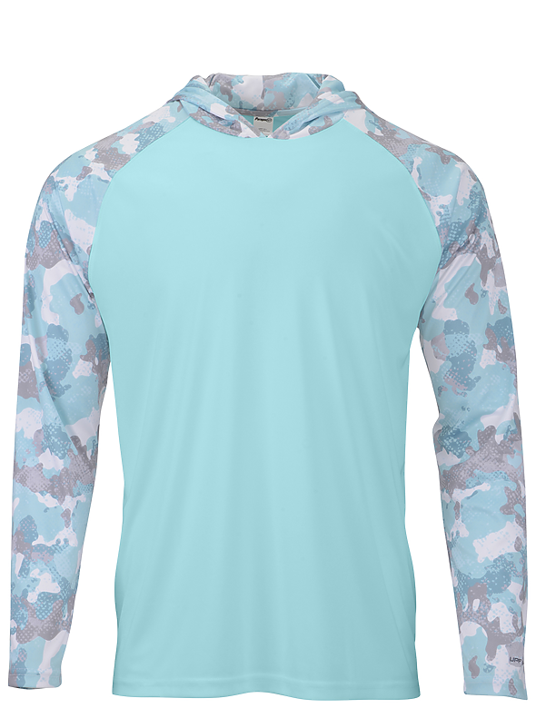 NEW! Unisex FINAO Camo Sleeve Hooded Performance Shirt | FINAO_Unisex_Camo_Sleeve_Aqua_Performance_50+UPH_Long_Sleeve_Shirt.png