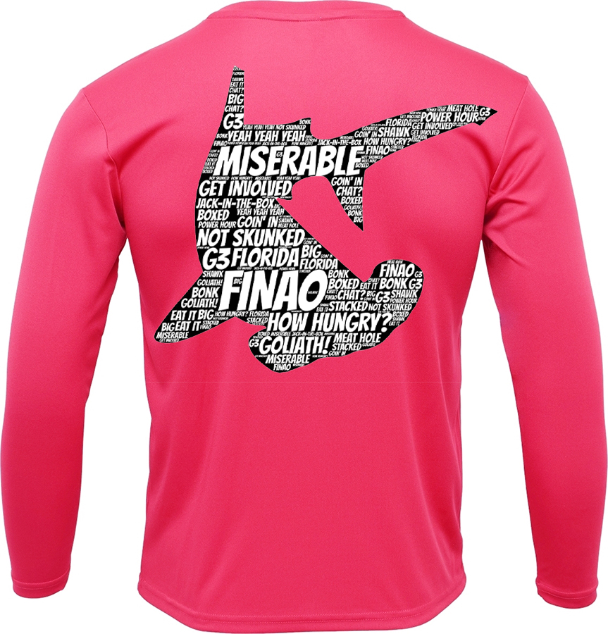 Neon Pink Long Sleeve Fishing Shirt | FINAO_Fishing_Apparel_Long_Sleeve_Neon_Pink_Performance_50UPF_Shirt_Hammerhead_Shark_WordArt.jpg